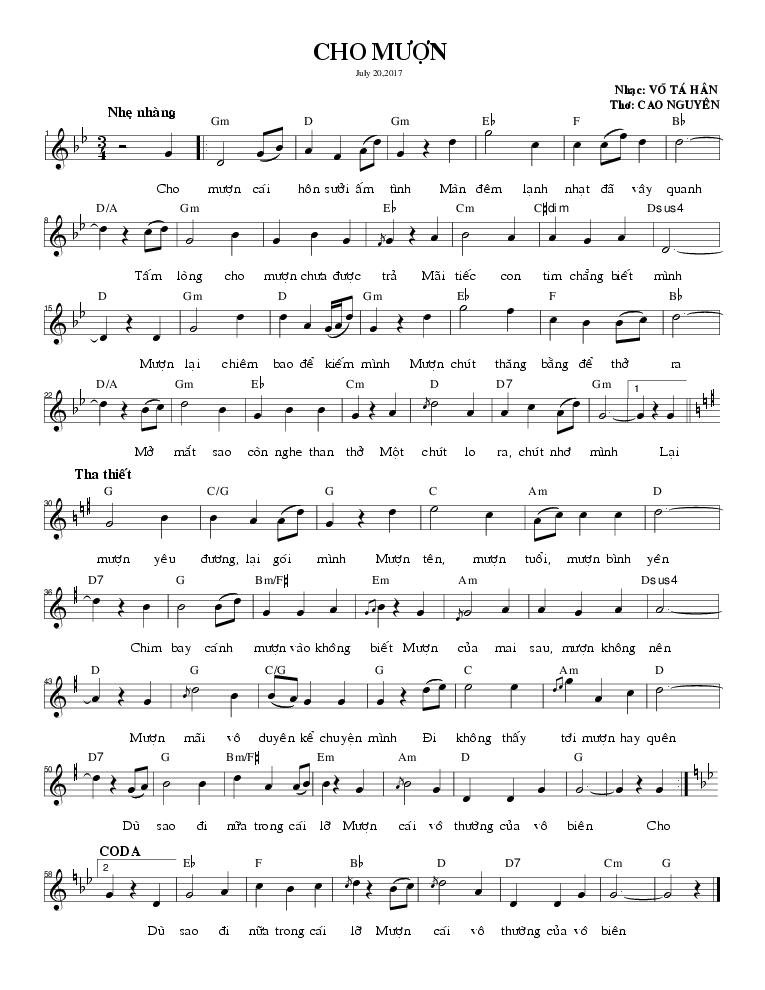 Sheet nhạc Cho Mượn